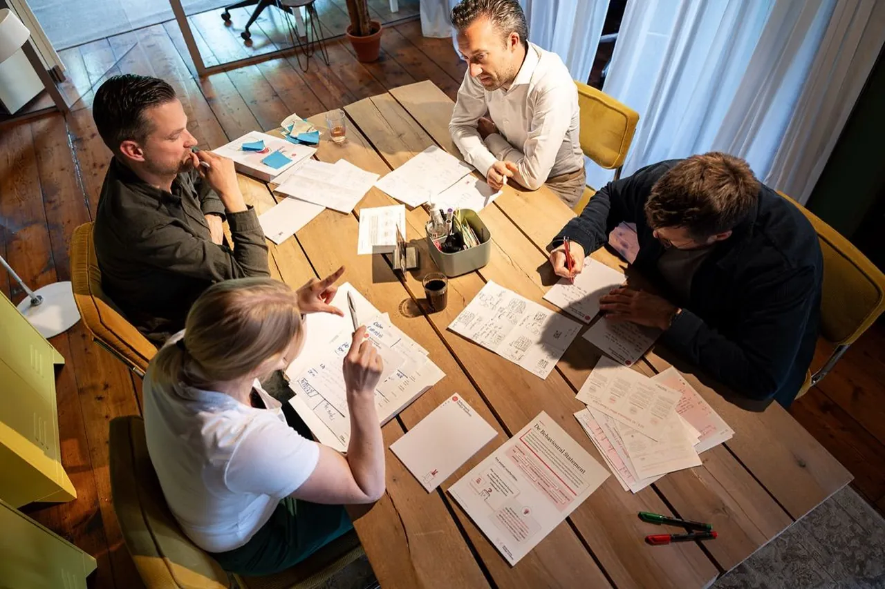 A group at the table with Behavioural Design working material